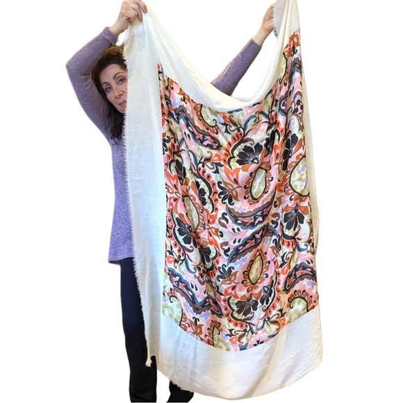 Exotic Floral Silk scarf wrap sarong extra large 56” x 59” vintage textile art - Picture 3 of 15